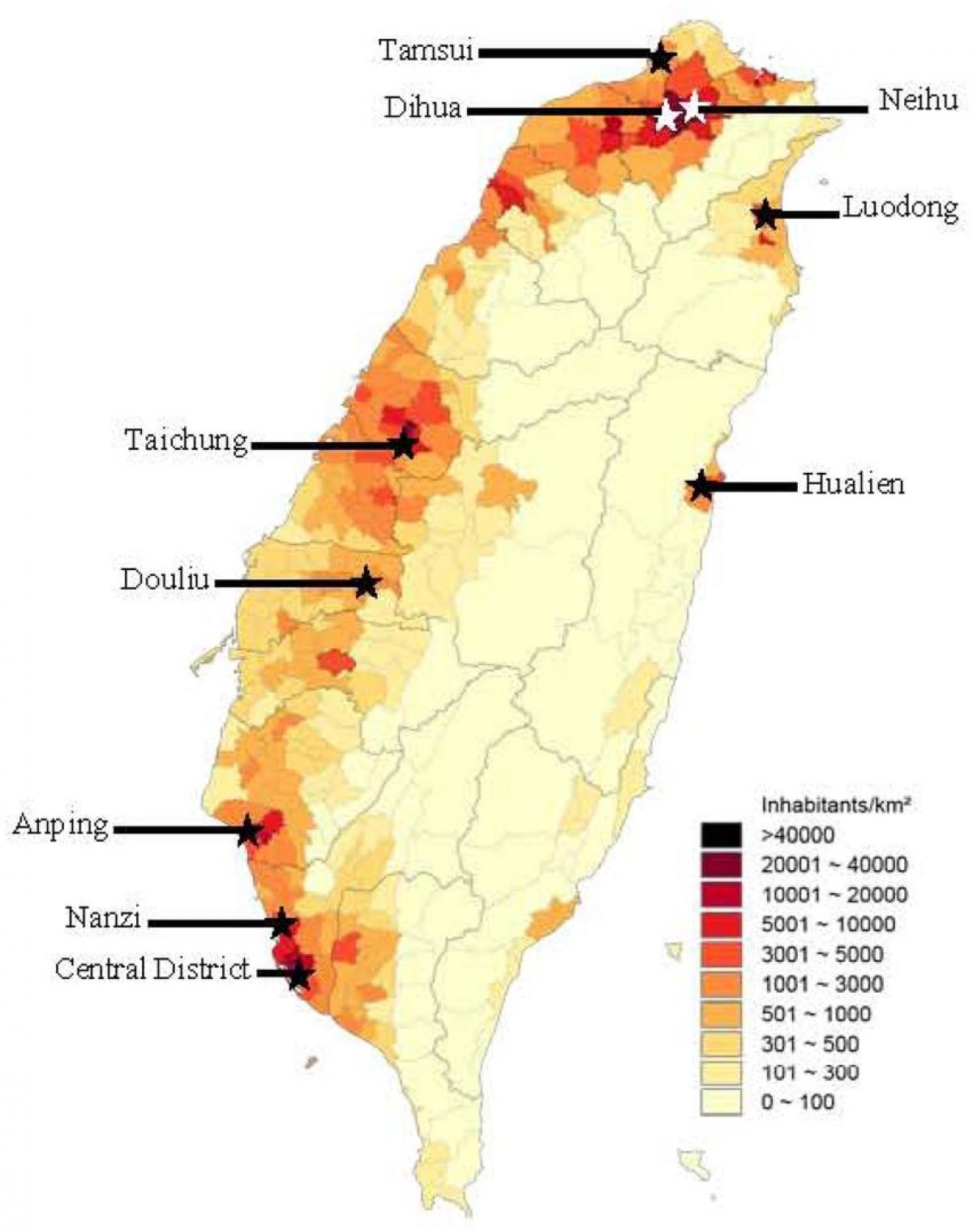 Taiwan densidade populacional mapa